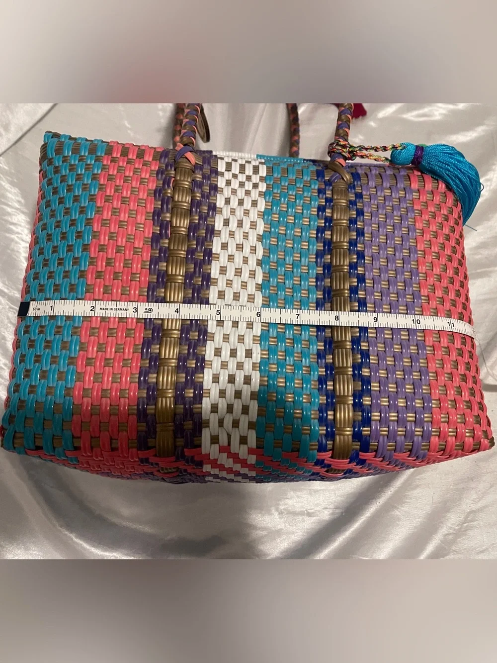 Maria Victoria Authentic Colorful Woven Tote Bag with Pom Tassel